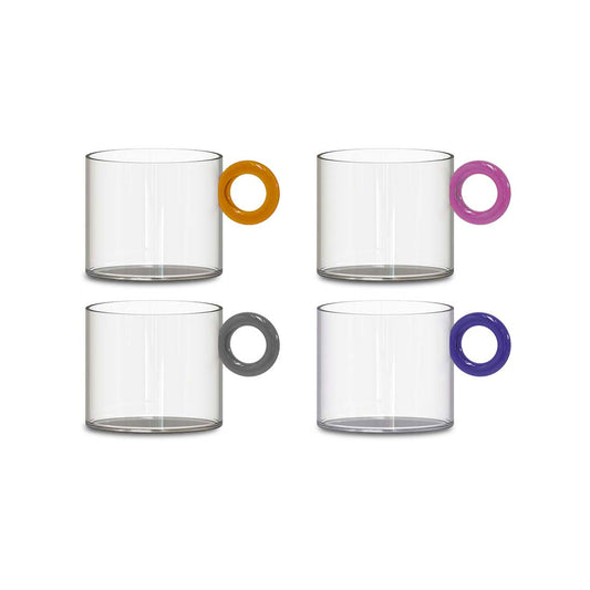 Set 4 cups in Borosilicate glass with ring handle.